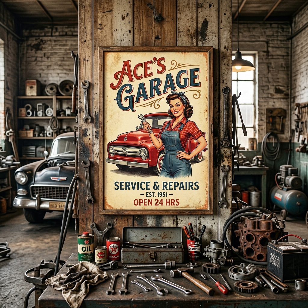 Vintage Garage Pin-Up Poster and Tools